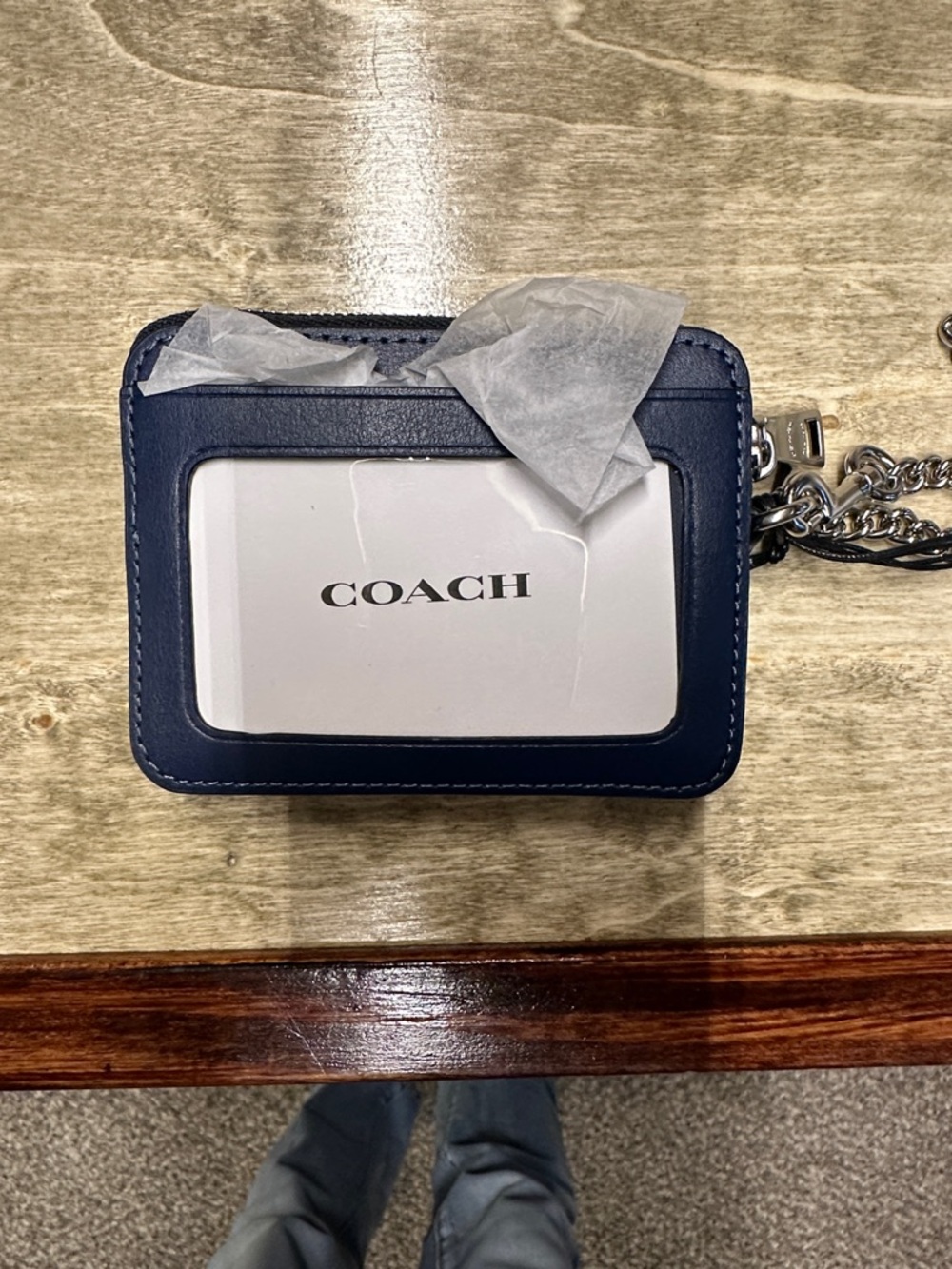 Coach Navy Quilted Denim Card Holder with Chain - Picture 2 of 4